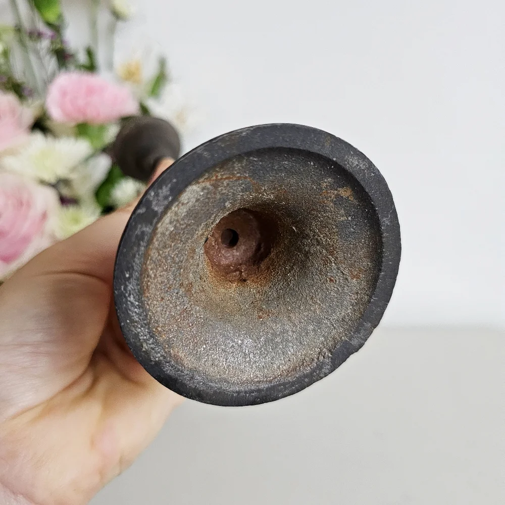 Antique Wrought Cast Iron Goth Candlestick Pillar CandleHolder & Green Candle